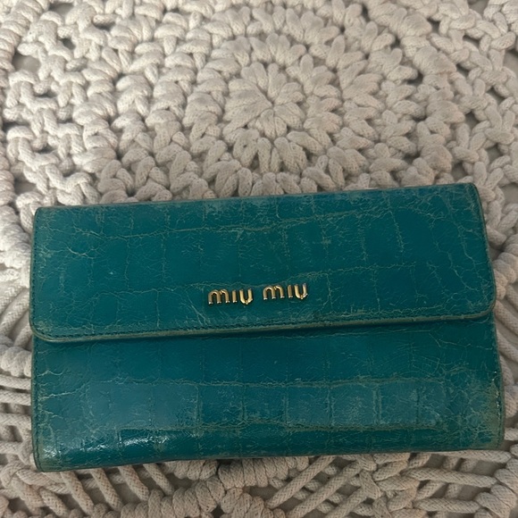 Miu Miu Handbags - Miu Miu Teal Crocodile-Embossed Wallet